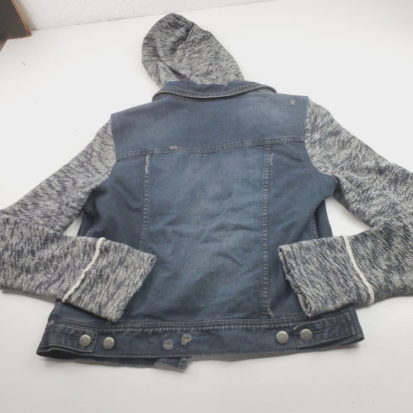 Free People Women Denim Black Jacket Large Mixed Media Hooded Lightly distressed - Picture 3 of 12